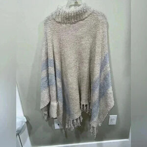 Barefoot Dreams O/S Mock Neck Cozy Fringe Lounge Poncho Beige/ Blue, Wrist Cuffs